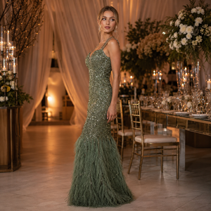 Luxury Green <b>Sequin</b> Mermaid Evening Gown for Women Deep V Neck Feather Hem Bodycon Prom Dress Designer Party Wedding Reception - Product Image 3