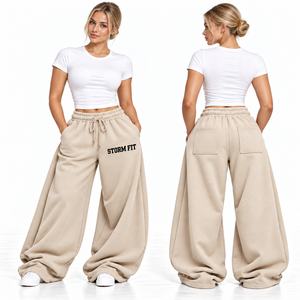 Pantalones Cargo de Forro Polar Personalizados para Mujer, Color Beige, Resistentes al Viento, Transpirables, de Pierna Ancha, Cintura Media, con Cordón Elástico, Corte Regular - Product Image 1
