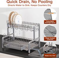 Égouttoir à vaisselle à 2 niveaux en acier inoxydable avec drainage automatique, panier à couverts amovible, type sur pied non pliable