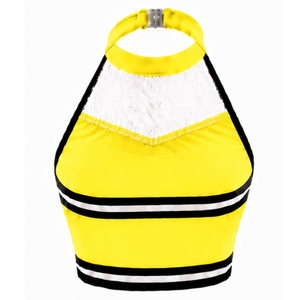 Haut court de cheerleading jaune vif, blanc et noir sans manches, pour performance athlétique, uniforme de cheerleading pour femmes et filles, entraînement d'équipe - Product Image 2