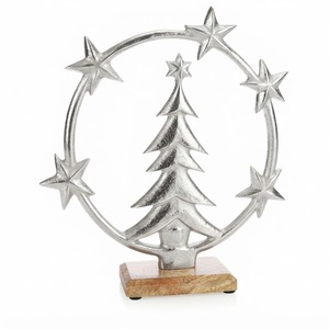 Árbol de Navidad Plateado con Anillo de Estrella, Objeto Decorativo Metálico sobre Base de Madera, Decoración de Mesa para el Hogar con Temática Navideña - Product Image 1