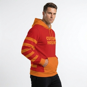 Custom <b>Hoodie</b> <b>Men's</b> Red <b>Orange</b> Striped Sleeve Casual Hooded Sweatshirt Front Print Pocket Design Regular Fit Autumn Wear - Product Image 4