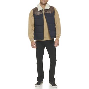 Men's Blue Puffer <b>Vest</b> With <b>Brown</b> Leather Panels And Shearling Collar Button Closure Casual Winter Outerwear - Product Image 1