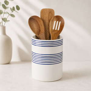 Porte-ustensiles en céramique émaillée rayée, finition lisse, corps épais et durable, résistant à la chaleur, organisateur de rangement pour comptoir de cuisine - Product Image 1