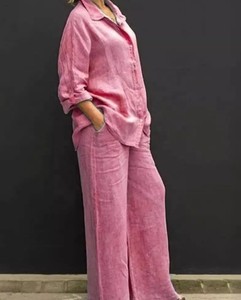 Women Linen <b>Blazer</b> <b>Set</b> Solid Color Loose Fit Two Piece Pantsuit Casual Office Wear - Product Image 3