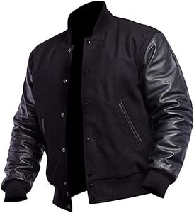Veste universitaire noire pour homme, manches en cuir PU, col montant, style décontracté, vêtement d'hiver, coupe classique, fermeture à simple boutonnage - Product Image 1
