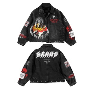 Chaqueta vaquera vintage de alta calidad para hombre, con parches personalizados, estilo urbano, cuello con cremallera, informal. - Product Image 1