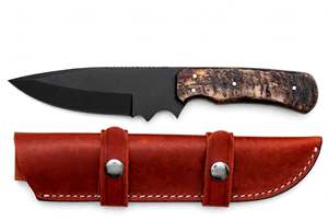 Cuchillo de exterior hecho a mano con revestimiento negro, mango de madera estabilizada y funda de cuero. - Product Image 2