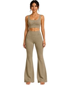 Manufacturer Customized Taupe Women <b>Flared</b> Yoga Set Embroidered Sports Bra And High Waist Bell Bottom <b>Leggings</b> Activewear Set - Product Image 1