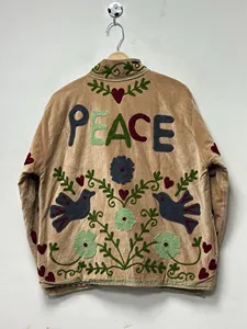 Women Khaki <b>Velvet</b> Suzani Embroidered <b>Jacket</b> with Floral Pattern Full Sleeve Stand Collar Bohemian Women's Autumn Outerwear - Product Image 1