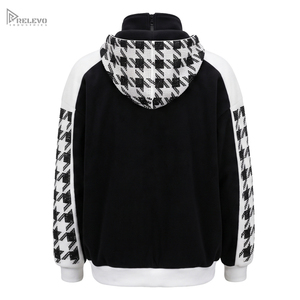 Sweat à capuche zippé unisexe en molleton 100% coton épais personnalisé, noir et blanc, motif pied-de-poule avec strass, poche kangourou - Product Image 2