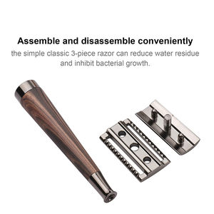 1 Rasoir de sécurité à double tranchant avec long manche en bois naturel, lame en alliage festonnée, outils de rasage - Product Image 2