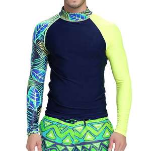 Maillot de bain Rash Guard pour homme à manches longues, design asymétrique, imprimé feuilles tropicales et motifs géométriques, performance athlétique, entraînement, gym, natation - Product Image 5