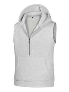 Chaleco sin mangas con capucha para hombre 2026, informal, gris, con cremallera completa, contraste negro/gris, ajuste holgado, lavable a máquina, bordado francés - Product Image 3