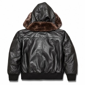 Veste en cuir de mouton avec doublure en fausse fourrure et fourrure véritable au col et à la capuche - Product Image 5
