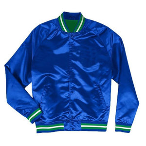 Men's Blue Satin Varsity Jacket With Green White Trim Regular Fit Single Breasted Casual Autumn Wear - Product Image 1