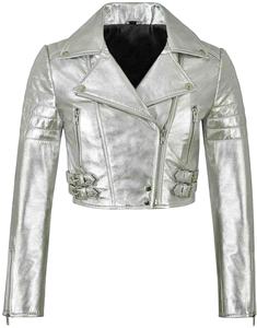 Chaqueta de cuero real plateada brillante para mujer, chaqueta de motocicleta, chaqueta de cuero de marca personalizada para mujer - Product Image 2