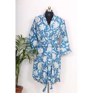Vestido Kimono de Algodón para Mujer, Estilo Bohemio con Cinturón, Túnica Larga Elegante con Diseño Azul Luna, Cintura Natural - Product Image 3