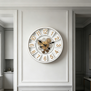 Moving gear wall <b>clock</b> 16 inch white vintage gold flat frame with 3D numerals clockwork for luxury home decoration - Product Image 3