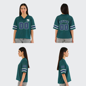 เสื้อฟุตบอลตาข่ายสีเขียวสำหรับผู้หญิง คอวี แขนสั้น หมายเลขสั่งทำ 00 ผ้าโพลีเอสเตอร์ระบายอากาศได้ดี ทรงหลวม ใส่ได้ทุกฤดู - Product Image 4