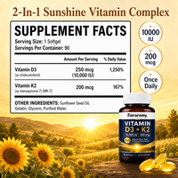 Gélules de Vitamine D3 K2 MK7 à Marque Blanche Personnalisée 10000 UI 200mcg Huile de Graines de Tournesol 90 Capsules Molles