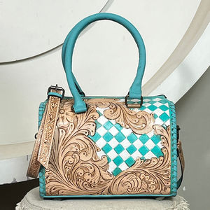 2026 Custom Designer <b>Tooled</b> Floral Pattern Checkered <b>Leather</b> Duffel Bags Women Fashion Medium Crossbody Travel Shopping Handbags - Product Image 4