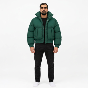 Blouson matelassé vert pour homme, col montant, fermeture éclair, coupe standard, décontracté, hiver, coupe ample, couleur unie, extérieur polyester, à capuche - Product Image 2
