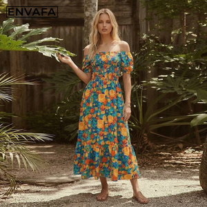 Robe longue personnalisée style bohème convertible deux-en-un, épaules dénudées, taille cintrée, imprimé floral, manches courtes pour femme - Product Image 4