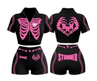 Ensemble 2 pièces décontracté pour femme, imprimé squelette noir et rose, avec haut sans manches et short longueur cheville, 100 % coton respirant et séchage rapide