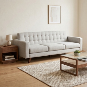 Canapé de salon moderne en bois de teck massif, rembourré, style mi-siècle, avec capitonnage en tissu, canapé deux places, meubles de maison - Product Image 2