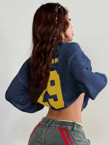 Venta al por mayor de camisetas de malla tejida personalizadas para mujer, estilo oversize, manga larga, con estampado de números, ropa urbana, proveedor OEM ODM - Product Image 5