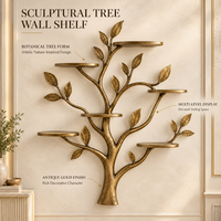 Étagère murale antique en forme de branche d'arbre dorée, support de présentation de feuilles botaniques, décoration d'intérieur sculpturale inspirée de la nature, étagère décorative |   Metalmark