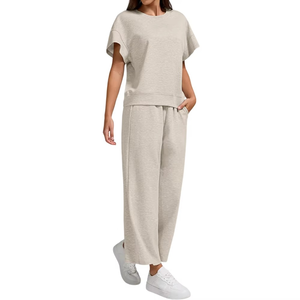 Conjunto Deportivo Casual para Mujer, Manga Corta, Cuello Redondo, Corte Holgado, Pantalones hasta el Tobillo, Color Sólido, Cintura Elástica, 100% Algodón, Ropa de Primavera - Product Image 2
