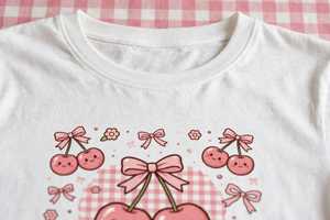 Haut d'été décontracté en coton à manches courtes et col rond pour femme, avec imprimé cerise Kawaii mignon et effet bouffant - Product Image 2
