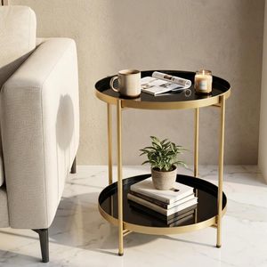 Table basse moderne en cuivre et bois avec étagère de rangement en fer, design industriel, pour salon - Product Image 1