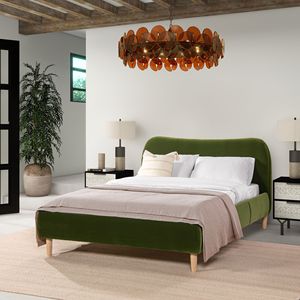 Letto matrimoniale imbottito con piattaforma e testiera curva in stile romano, in velluto performante verde oliva - Product Image 1