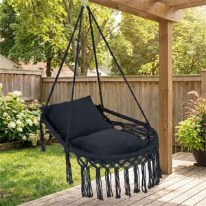 Sedia a dondolo sospesa in macramè nero stile Boho con 2 cuscini imbottiti, capacità 150 kg, amaca per interni/esterni, camera da letto, patio, giardino - Product Image 3