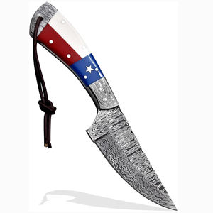 Cuchillo de caza Drop Point con mango rojo, blanco y azul, funda de cuero, hoja de borde recto de calidad DIY, cuchillos en venta - Product Image 1