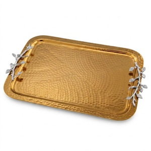 Hand Hammered Stainless Steel <b>Tray</b> With Gold Antique Handle Luxurious Home Table Decorative <b>Snacks</b> Serving <b>Tray</b> For Hot Sale - Product Image 3