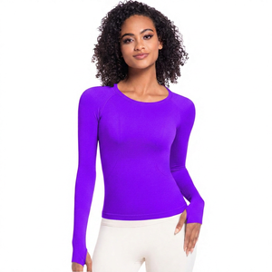 Camiseta de Yoga de Manga Larga para Mujer, Cuello Redondo, Color Sólido, Transpirable, Spandex, Poliéster, Corte Regular - Product Image 5