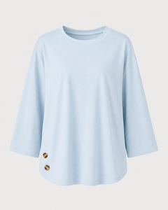 Blusa Bordada Azul Cielo para Mujer, Corte Holgado, Manga 3/4, Cuello Redondo, Estampado Floral, Estilo Casual Musulmán, Venta al Por Mayor - Product Image 1