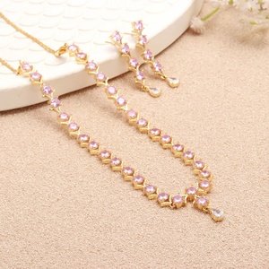 Pink Sapphire CZ Style Necklace Set 8mm Round Gold Plated Brass Adjustable Chain Wedding Jewelry - Product Image 3
