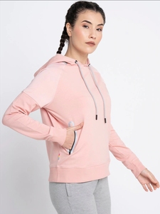 Sudadera con Capucha Rosa para Mujer, Color Sólido, Algodón y Felpa de Bambú, Corte Regular, Estilo Otoñal, con Bolsillos - Product Image 3