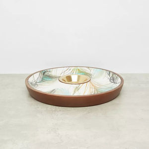 Round Wood <b>Decorative</b> <b>Plate</b> with Plant Pattern Handpainted Bohemian Design Gold Center Bowl Wedding Dinner Dishwasher Safe - Product Image 1
