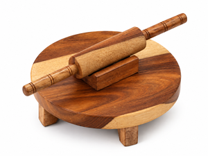 Handcrafted <b>Wooden</b> Roti Chakla Belan Set with Round Serving Board and <b>Rolling</b> Pin <b>Holder</b> - Product Image 2