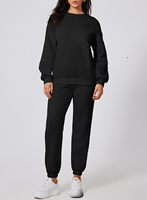 Ensemble de survêtement tricoté noir pour femme, col rond, manches longues, coupe ample, tenue décontractée, deux pièces, couleur unie