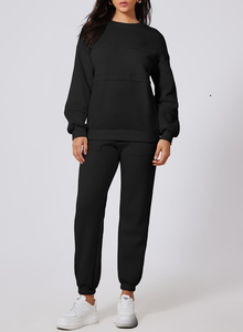 Ensemble de survêtement tricoté noir pour femme, col rond, manches longues, coupe ample, tenue décontractée, deux pièces, couleur unie - Product Image 3