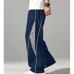 Men’s Casual Navy Blue Track Pants Lightweight Windbreaker Jogger Trousers with White Contrast Piping and Side Panel <b>Athletic</b> - Product Image 5
