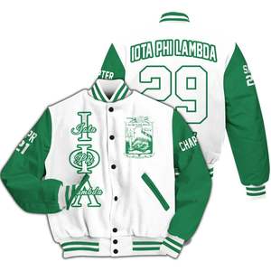 Veste universitaire personnalisée pour femmes Iota Phi Lambda, mélange blanc et vert émeraude, avec lettres, écusson, numéro et année, style bomber - Product Image 3