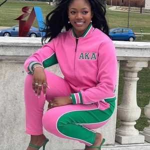 Chaqueta de Calentamiento AKA Air Tech Fleece Rosa Verde para Mujer, Bordado Chenille con Letras Griegas, Calidad Premium, Cierre de Cremallera, Corte Atlético - Product Image 6